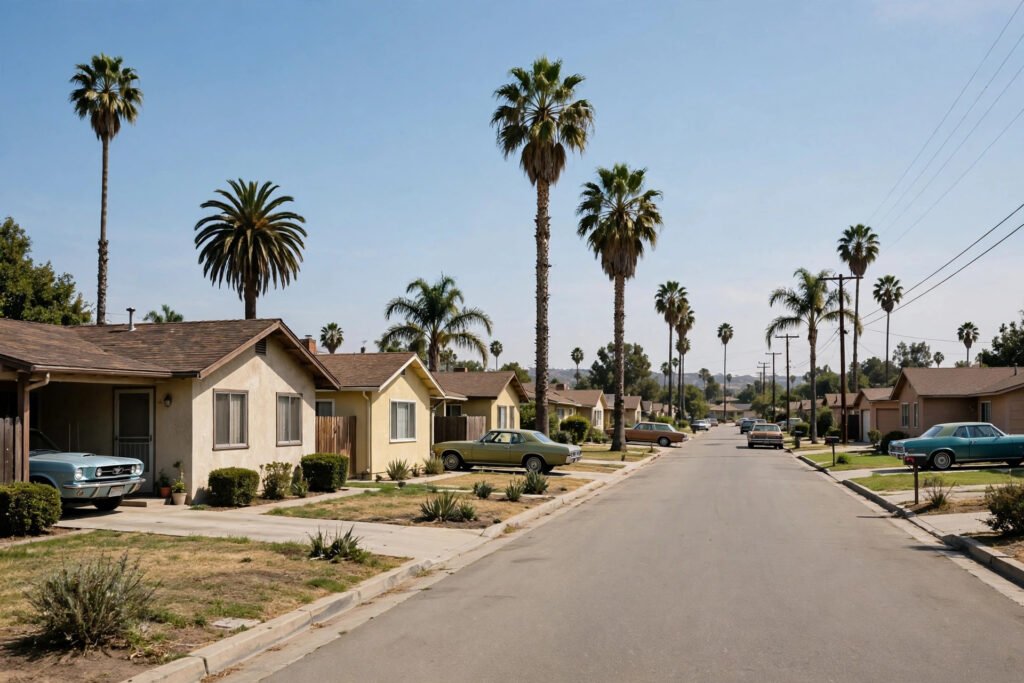 1960s tract homes with shingle roofs on a palm-lined street in Carson, CA