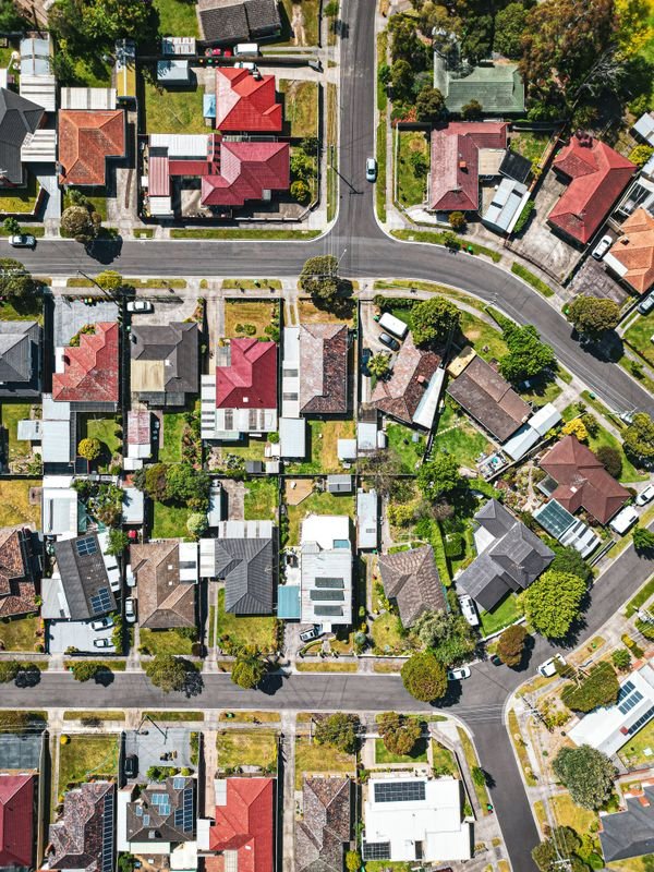 Aerial view of a Carson, CA residential neighborhood