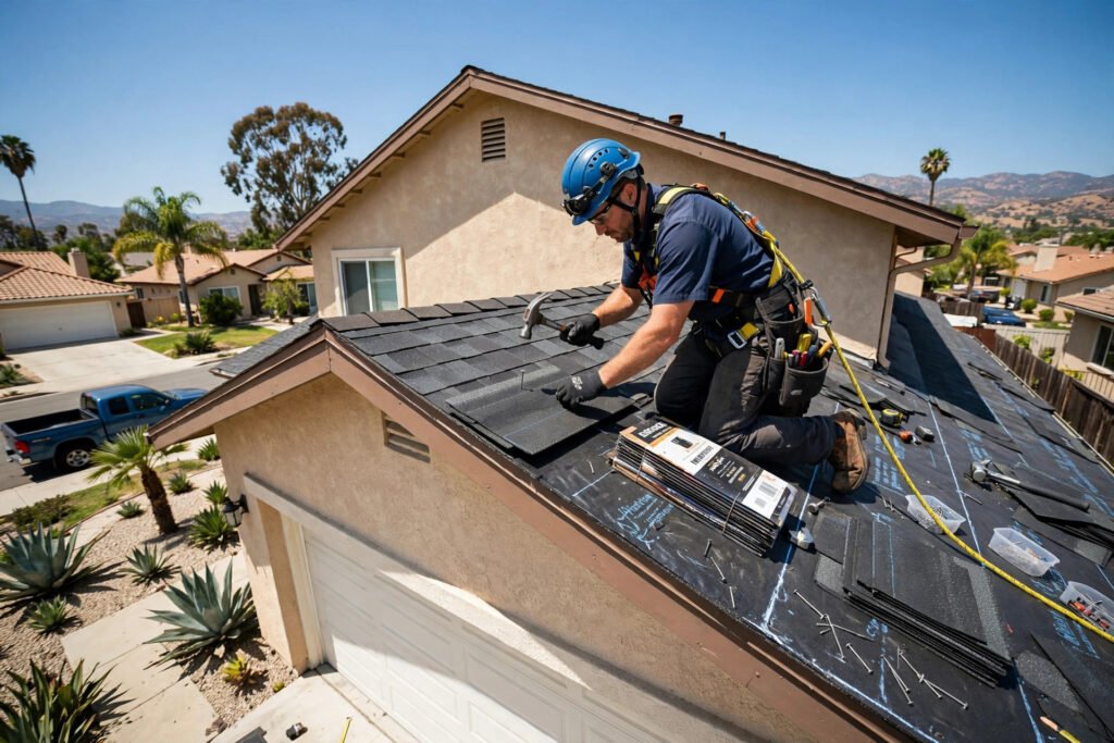 Roofer installing asphalt shingles on a home in Lomita, CA