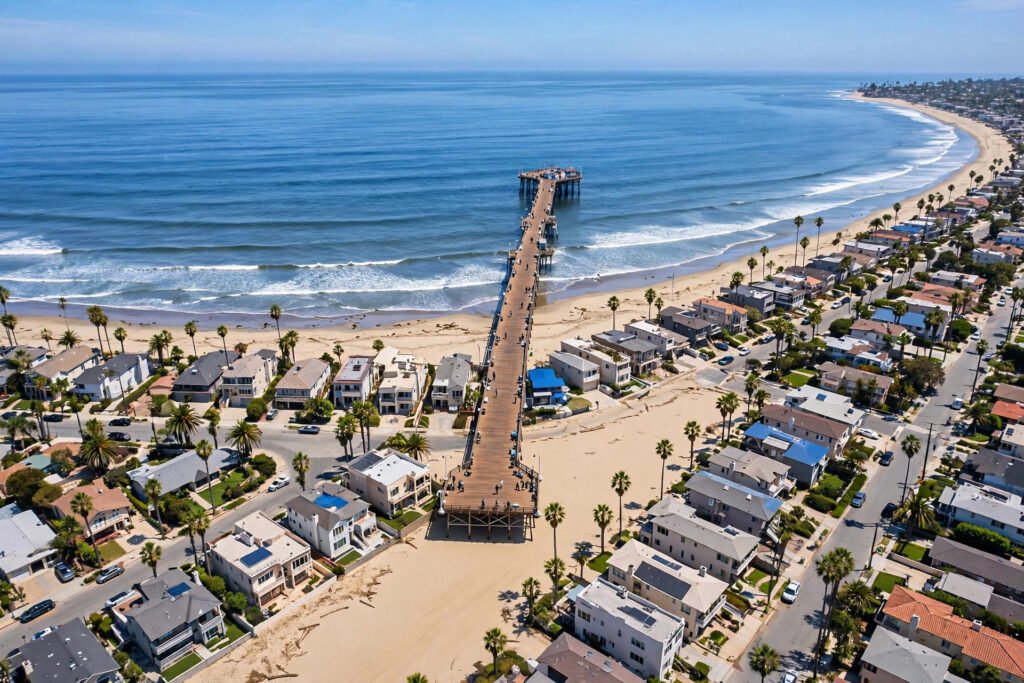 Aerial view of Redondo Beach pier and coastline, California